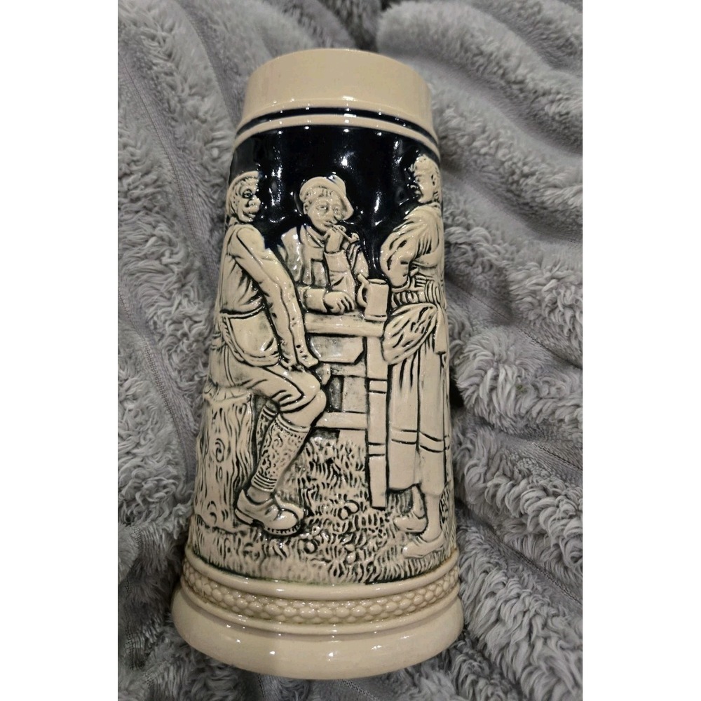 Vintage Relief Ceramic Beer Stein Cobalt Blue Tavern Scene Stoneware Mug 7in